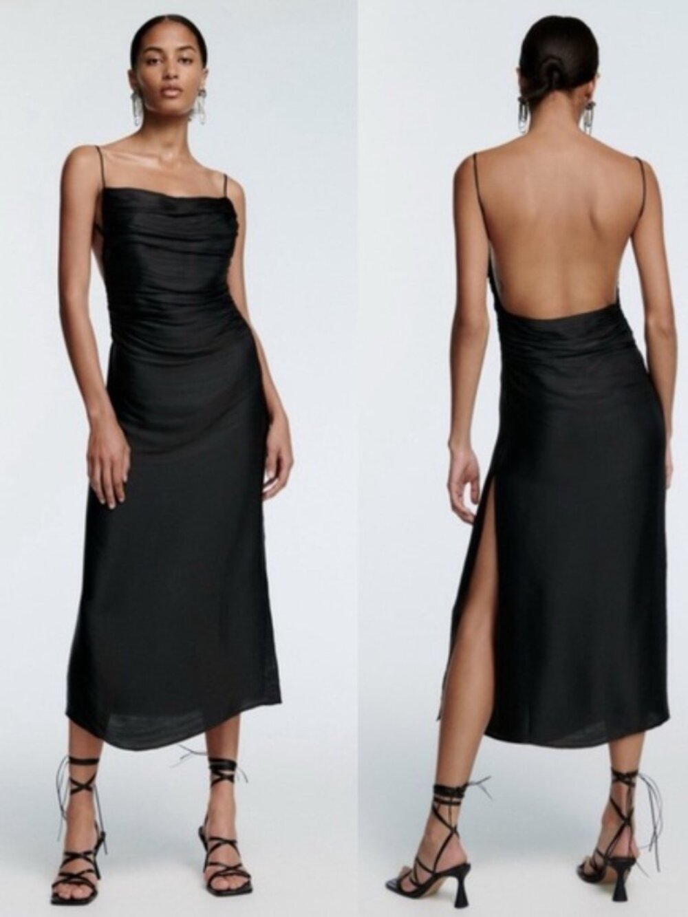 Zara Silk Effect Draped Open Back Midi Dress black XL